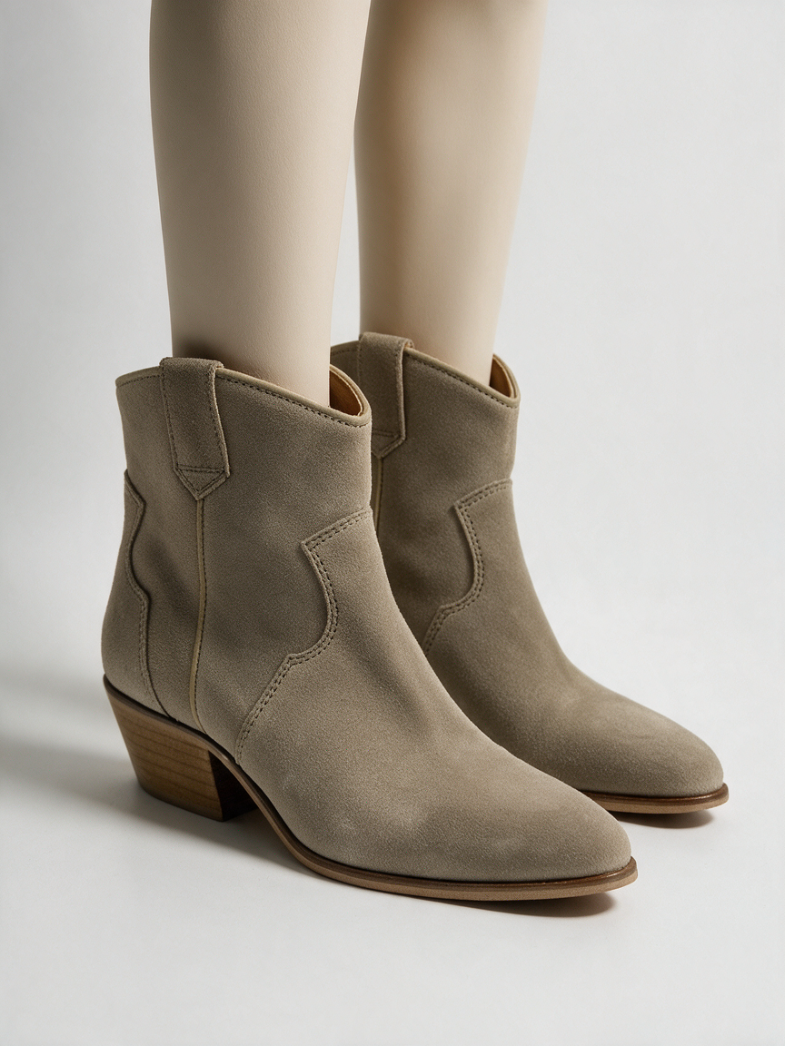 DWARS - Enkellaarsjes - beige, suède look, lage houten hak - maat 39
