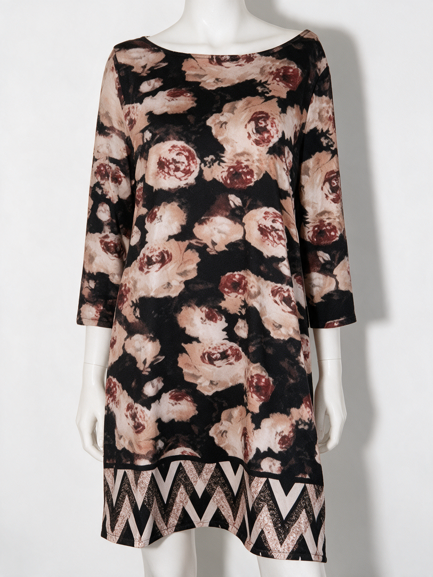 norah - Jurk - bloemenprint, lange mouwen, zigzagrand - L