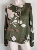 Geisha - Blouse - groen, bladprint, striksluiting - S