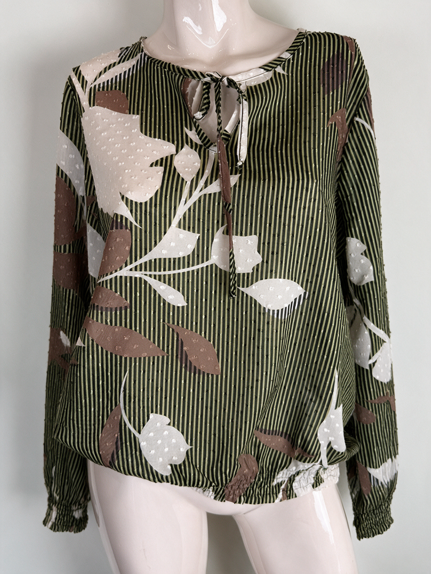 Geisha - Blouse - groen, bladprint, striksluiting - S
