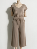NED. - Jumpsuit - beige, korte mouwen, wijde pijpen