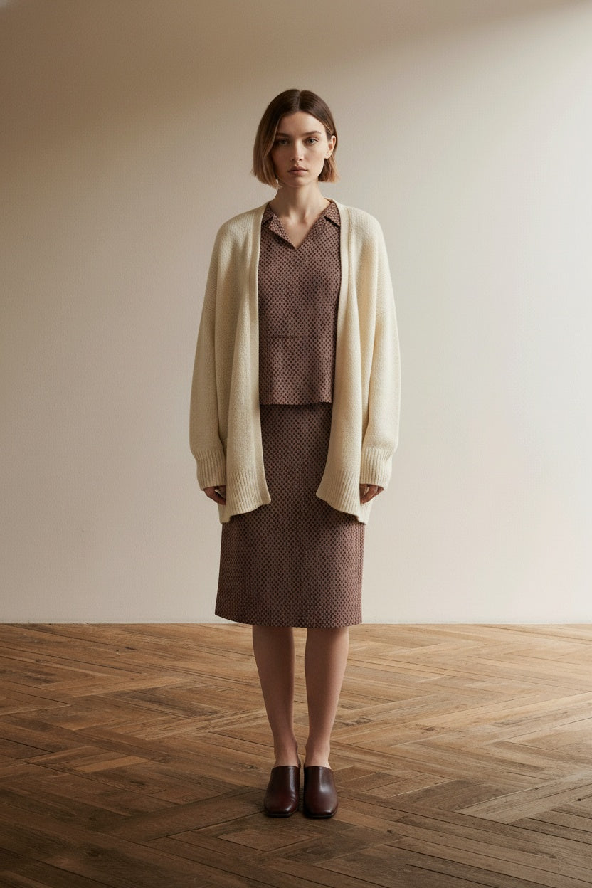 Full body view of the model wearing Caroline Biss Jurk Maat 44 – Elegante Jacquard Jurk met Retro Print in Bordeaux, Okergeel en Blauw