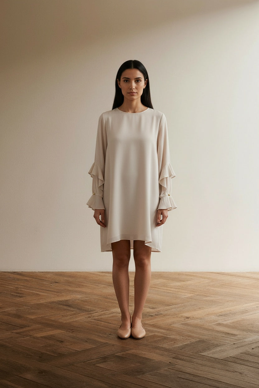Full body view of the model wearing Twin-Set Simona Barbieri Jurk Maat M – Poederroze Chiffon Jurk met Volants en Romantische Details