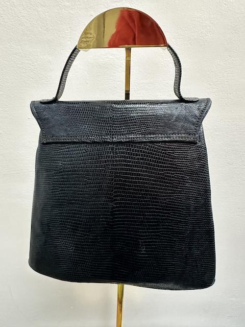 Vintage leren handtas donkerblauw – slangenleerstructuur
