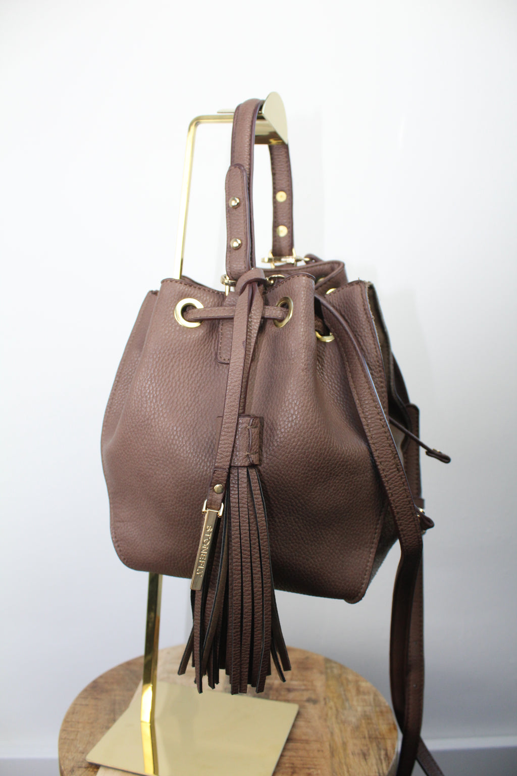 Stonefly leren bucket schoudertas bruin